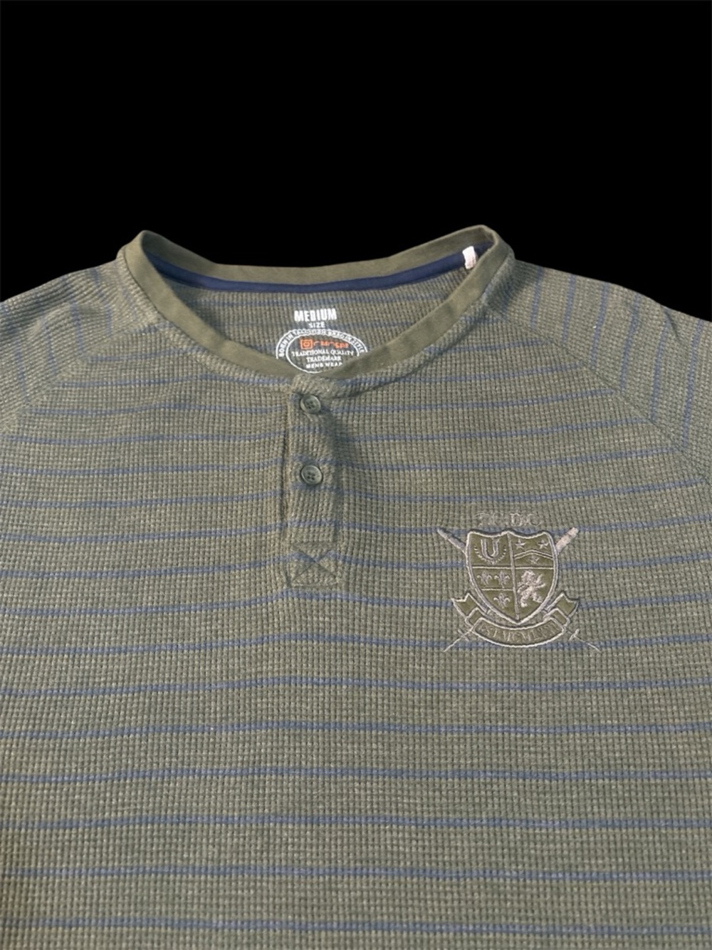 Prana Olive Green Crew Henley Sweater with Navy Trim - Picture 5 of 8